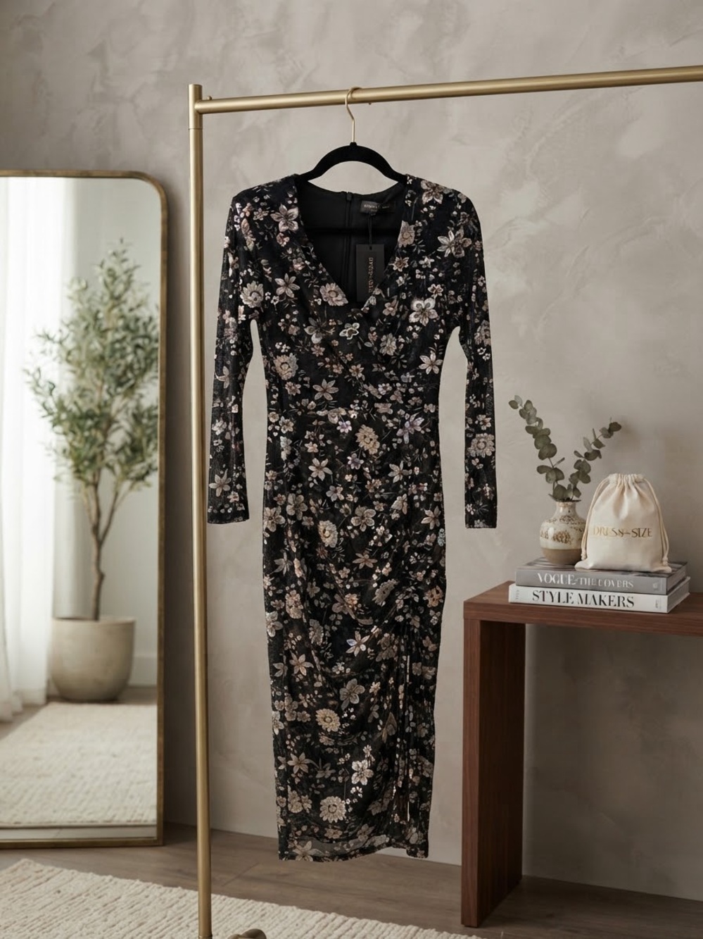 Dress Forum Black Floral Long-Sleeve Midi Wrap Dress